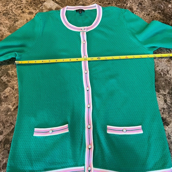 Talbots Kelly Green Sweater Cardigan PinkWhite Trim Pearl Buttons Barbie Core MP - Picture 12 of 14